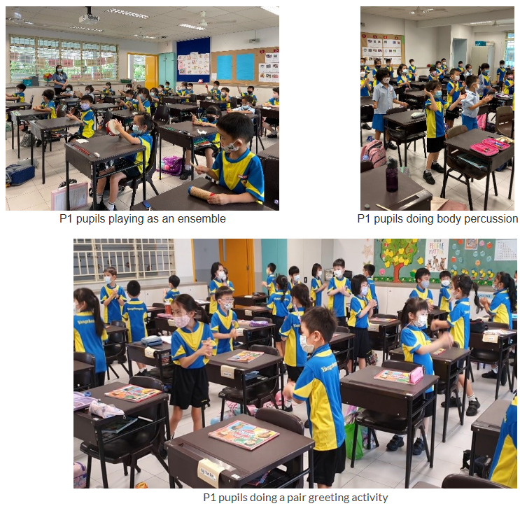 A montage of three pictures with the first showing primary 1 pupils seated at their tables in neat rows playing different instruments, the second picture showing these P 1 pupils standing behind their tables while dancing and clapping and the last picture showing these P1 pupils in masks standing behind their tables facing one another in pairs and greeting one another with their palms together